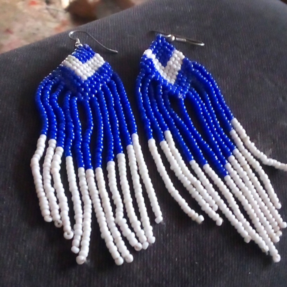 Cute silver earrings with blue and white beads